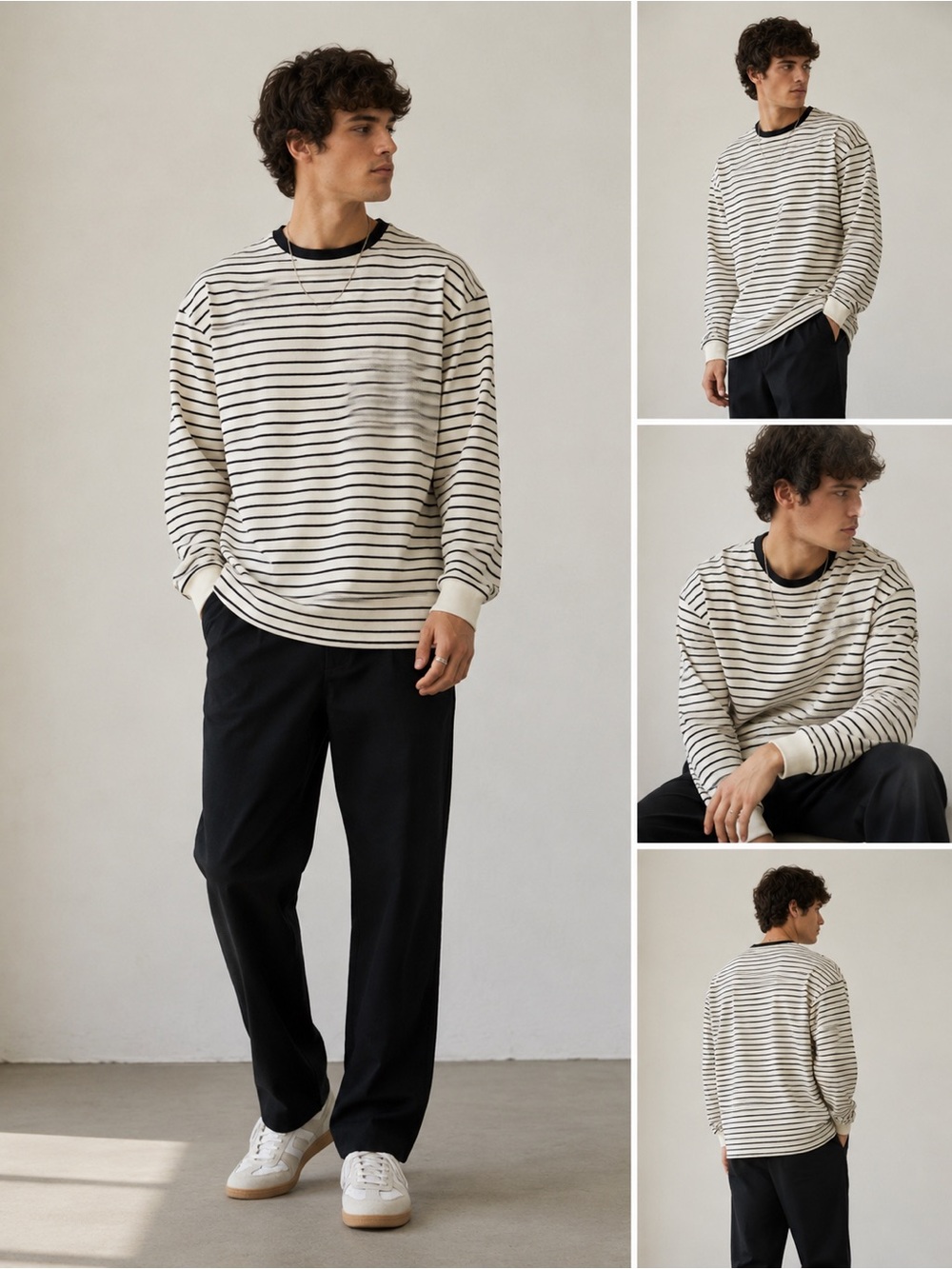 Zara Black & Cream Textured Striped Long Sleeve Sweatshirt Men’s Relaxed Fit Tee